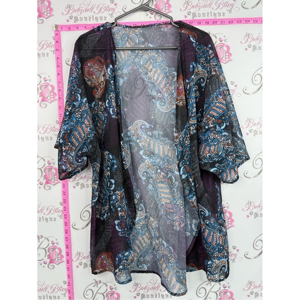 Cardigan coverup sheer Lightweight Paisley Kimono Cardigan - Blue & Purple